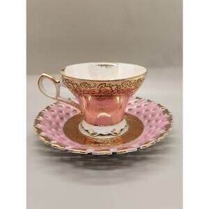 LM Royal Halsey Tea Cup & Saucer Very Fine Reticulated Gold Trim Vintage